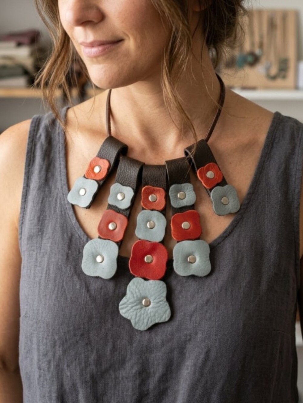 Handmade Genuine Leather 2D Statement Flower Necklace Blue Red 040